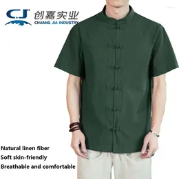 남성용 캐주얼 셔츠 린넨 셔츠 짧은 슬립 스탠드 업 칼라 여름 얇은 스타일 느슨한 중국식 바람 디스크 버클 씻은면 꼭대기