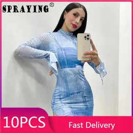 Casual Dresses 10 Fall 2024 Long Sleeve Printing Turtleneck Side Split Mini Dress Bulk Items Wholesale Lots Y2k Women Clothing S12448