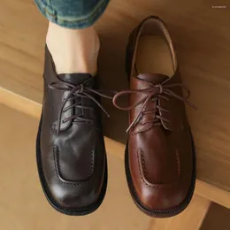 Casual Shoes Large Size 34-41 Women's Genuine Leather Lace-up Flats Oxfords Round Toe High Quality Soft Comfortable British Styles Sale