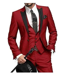 Tuxedos (سترة+سترة+سروال) 2019 Red Custom Custom Slim Fit Button Men Suits for Wedding Notch Lapel Men Suits Groomsmen Best Man Tuxedo 3 Pie