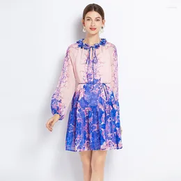 Повседневные платья Coigarsam Print Women 2024 Fashion Vintage O Sece кружев мини -платье шикарное длинное рукав с высокой талией