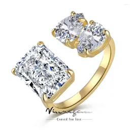 클러스터 반지 VINREGEM 18K GOLD PLATED CHRUTHED CUT 8 10mm LAB Sapphire Gemstone Open Ring 925 Sterling Silver Fine Jewelry