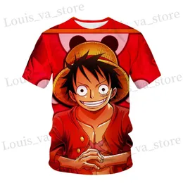 Camisetas masculinas de um desenho animado de uma peça Luffy Boys Print Childrens Girls Harajuku T-shirt Summer Childrens Slived 3D Camiseta T240419
