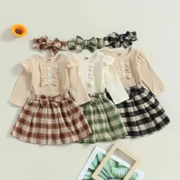 Kläder sätter höst spädbarn baby flicka höst jumpsuit set fast färg rufsad långärmad romper pläd a-line kjol båge pannband