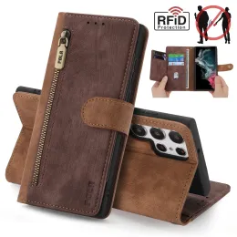 Brieftaschen RFID Reißverschluss Leder Brieftasche Flip Hülle für Samsung S22 Ultra S21 Fe S20 plus A53 A73 A21S S10 A52 A72 A33 A53 A51 A32 A12 Abdeckung