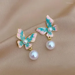 Orecchini penzolanti Fashion Blue Butterfly Pearl Cioncant Gioielli Trendy Decor in goccia per olio 2024