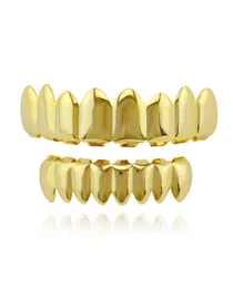 Hip Hop Gold Teeth Grillz Top Bottom 8 tänder Grillar Dental Cosplay Vampire Tooth Caps Rapper Party Jewelry Gift XHYT10071108101