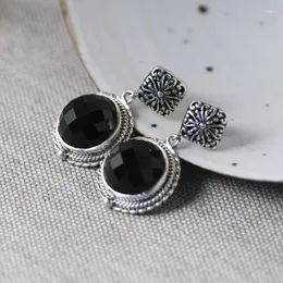 Dangle Earrings FNJ Vintage Round Black Agate 925 Silver Original Pure S925 Sterling Drop Earring For Women Jewelry Simple