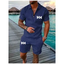 2024H MENS ATLETIC T-shirt Set Casual Lapel Short Sleeve Pullover Zip Up T-shirt Shorts 2-Piece Set Mens Solid Sporty Suitsh 240409