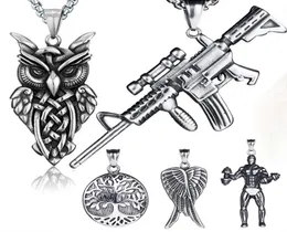 Retro Ancient Silver Hip Hop Halskette Schmuck Set Edelstahl -Motorrad -Waffen -Eulen Engelsbaum des Lebens Anhänger Halsketten mit 9336421