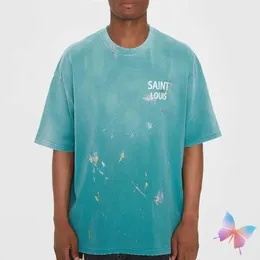 Herr t-shirts Summer Street Saint T-shirt tvättad gradient glitter bokstav bomull kort slingan handgjorda bläck stänk män kvinnor tshirt j240419