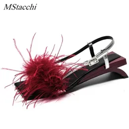 Mstacchi yaz kadın sandaletleri bir kelime tipi kayış garip topuk gerçek tüy sandalet süsleri uzaylı topuk bayanlar parti ayakkabıları kadın 240409