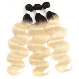 Wefts Real Quality 3pcs Ombre 금발 말레이시아 머리 직조 묶음 머리카락 웨이브 어두운 뿌리 금발 머리 확장 1B 613 Body Wave