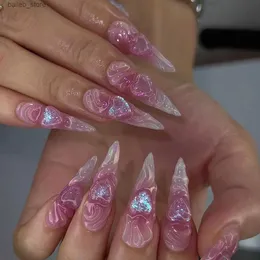 Yanlış Tırnaklar 24 PCCS Parlak 3d Love Crystal Fake Nail Tips Gradient Mor Uzun Sözlü Basın Çivi Çıkarılabilir Giyilebilir Yapay Yanlış Tırnaklar Y240419