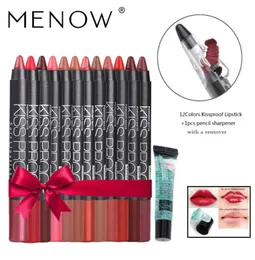 Menow Make Up Set 12 Colorpack Kiss Proof Waterproof Lipstick Gift 1pcs Pencil Sharpener och 1st Remover Gel Drop Ship 53662357613