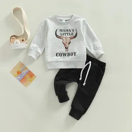 Kläder sätter mode Autumn Toddler Kid Baby Boy Clothes Set Grey Cow Letter Print Lång ärm tröjor