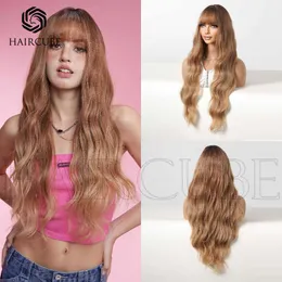 Human Curly Perücken Haircube synthetische Perückenstil mit geraden Pony braun langen lockigen Haaren tägliches Perücken Stirnband für Frauen Perücken