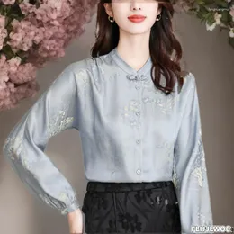 Kvinnors blusar kinesisk stil chi-pao krage design topp franska 2024 vår kvinnokontor lady flickor elegant retro skjorta blus vintage