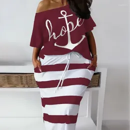 İş elbiseleri varışlar duyu tasarımı 2024 İlkbahar Yaz Kadın Giyim Teknesi Ankraj Baskılı Kısa Kollu Tişört Tutt Takım Two-Pie
