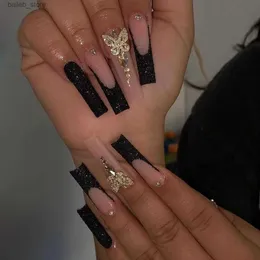 Falska naglar 24 st Coffin False Nails Serpentine Design Long Ballet Nails Set Press On Wearable French Fake Nails With Rhinestone Manicure Y240419