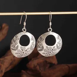 Other Silver-Plated Hand-Carved Pattern Circle Dangle Earrings for Women Retro Exaggerated Hypoallergenic Earrings Fashion Jewelry 240419