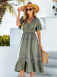 Basic Casual Dresses Green V-neck Lace Trim Maxi Dress For Women Sexy Short Sleeve Elastic Waist Long Beach Holiday A-line Dress 2023 Summer Sundress 240419