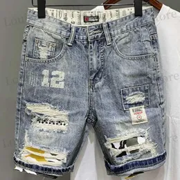 Mäns shorts manlig denim shorts grafik med text halvt långa män korta jeans byxor multi färg rippad kn längd retro vintage baggy y2k klippt t240419