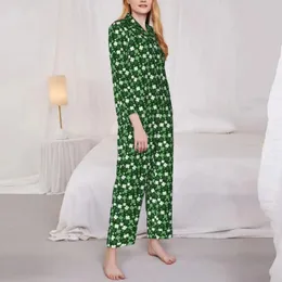 Home Clothing Green Shamrock Sleepwear Spring St Patricks Day Vintage Oversized Pajama Sets Women Long Sleeve Elegant Sleep Graphic Suit