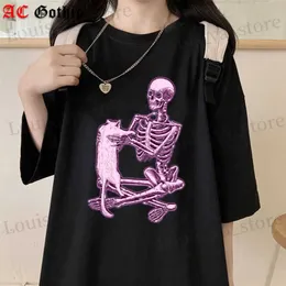 Men's T-Shirts Oversized T Shirt Women Gothic Strtwear Tops Skull Cat Print T-shirt Ulzzang Hip Hop Punk Harajuku Casual Loose Womens Top T240419