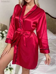 Frauenschlaf Lounge solide satin sexy nachtrobe elegant longleev gegen neck haus röge mit gürtel womens agiolog D240419