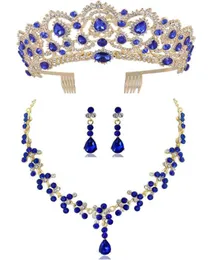 Diezi Nuovo rosso Verde Verde Verde Blu Crown and Necklace Earring Gioielli set Tiara Rhinestone Set di gioielli da sposa Accessori4140394