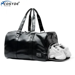 Bags Cosyde Male Leather Travel Bag Large Duffle Independent Shoes Storage Big Fiess Bags Handbag Bag Lage Shoulder Bag Black