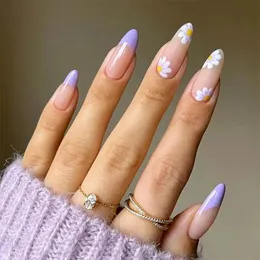 24PCSBOX FRESH Floral Almond False Nails Press On Löstagbar Fake Nail Tip Purple With Design Manicure Patches 240419