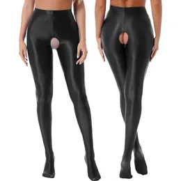 Mulheres brilhantes calças de meia -calça de meia -calça aberta de calça elástica de cintura de lingerie sexy lingerie de lingerie de lingerie