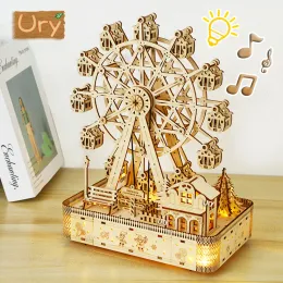 Puzzles 3D Puzzles Ury 3D Wooden Puzzles Led Rotatable Ferris Wheel Music Octave Box Model Mechanical Kit Assembly Decor DIY Toy Gift for