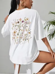 Belos grupos de flores impressas algodão feminino tshirts casual respirável tampas de manga curta macia soltas