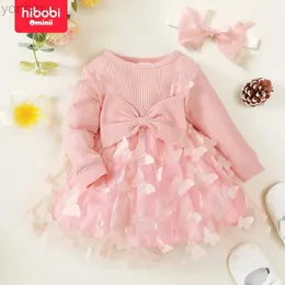 Flickans klänningar Hibobi 2-stycken Set Spring Baby Girl Butterfly Dress Fashionable and Elegant Round Neck Bow Long Sleeve Dress med pannband D240423