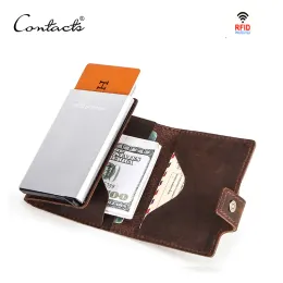 Wallets Contact's Crazy Horse Leather Men Wallet Rfid Blocking Credit Card Holder Aluminum Box Automatic Pop Up Business Security Purse