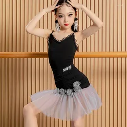 Vestir de verão Girls Latin Dance Dress Black Sleesess Split Suit Children Chacha Tango Performance Roupos