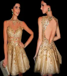 2016 Gold Sequins Appliques Lace Cocktail Dresses Sheer Neck Mini Short Prom Party Homecoming Gowns Galajurken Ballkleider Vestido8188796