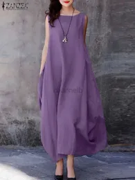 فساتين أساسية غير رسمية Zanzea كبيرة الحجم نساء صلبة ألوان الصيف فستان بلا أكيام من جيوب جانبية رقبة Maxi Sundress عرضية Kaftan Beach Vestido 240419
