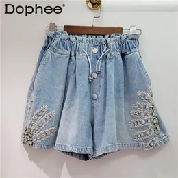 Shorts femminile Diamond Copped da manuale in rilievo in rilievo a mano Domenne di denim a gamba larga 2024 Elastica estiva femmina