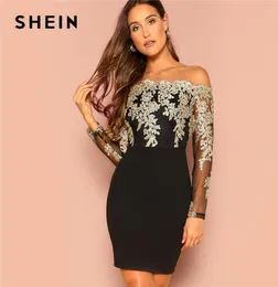 Shein Black Sexy Off the Spalla Abbigliamento a maglia ricamato Bodice Bodycon Dress Women Women Sleeve Summer Uscing Out Party Dresss6462612