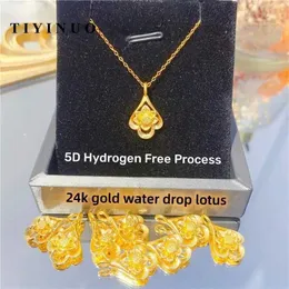 Hänghalsband tiyinuo äkta 999 Pure 24k Real Gold Waterdrop Lotus Pendant Necklace Elegant Present Delicate Gift for Woman Fine Jewelry 240419