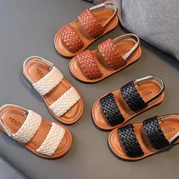 Girl Sandals Braided Open Toe Fashion Vacation Summer Children Flat Shoes Solid Color Comfy Outdoor Anti-slip Kids Sliders 240412