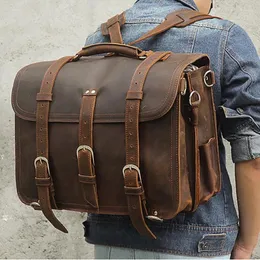 Briefcases Men Thick Genuine Leather Briefcase 16" Laptop Large Capacity Crazy Horse Rucksack Multifunctional Shoulder Bag Handbag