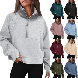Sports Hoodie Stand Up Collar Half Zippered Yoga Suit 2024 Women's Short Solid Color Sports Jacket Parutrustning