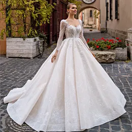 Vestido de vestuário de pescoço chique vestido de noiva de mangas de mangas cheias Apliques Princesa Vestidos de noiva de volta cobertos com botão