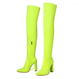 Stivali sexy blocco tallone neon giallo tratto coscia donna puntata sul punta del ginocchio elastico su slim