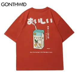 T-Shirts GONTHWID TShirt Streetwear Harajuku Japanese Milk Print Tees Shirts Hip Hop Fashion Cotton Summer Casual Loose Tshirts Tops